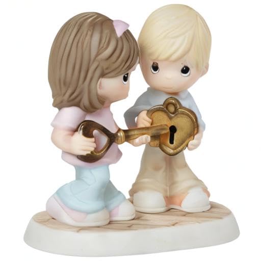 Precious Moments Hand-painted Porcelain Couple Holding Heart-shaped Lock and Key Figurine