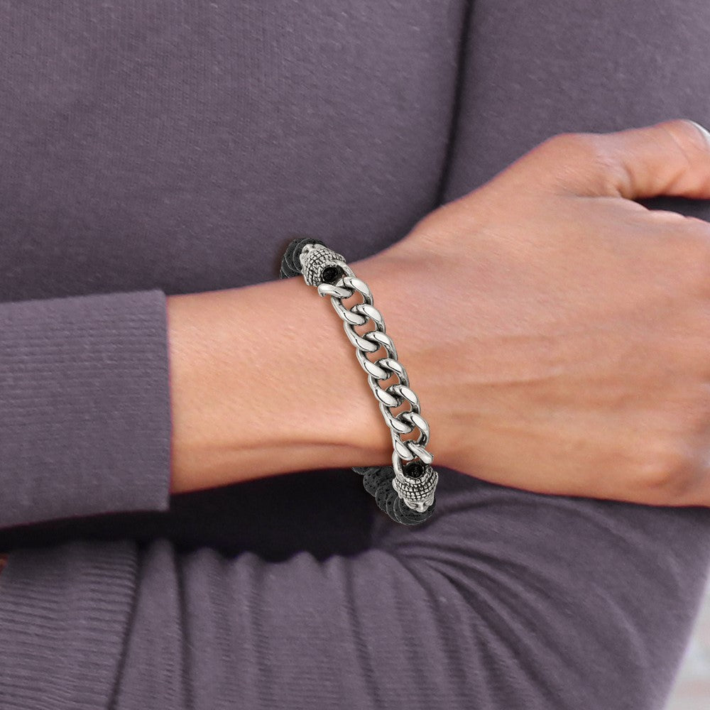 Stainless Steel Antiqued & Polished Buddha Lava Stone Beaded Stretch Bracel