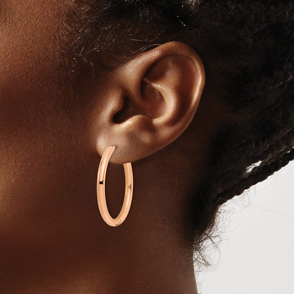 Stainless Steel Polished Rose IP-plated 3mm Hinged Hoop Earrings