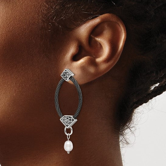 Edward Mirell Black Ti Cable and Sterling Silver Floral Accent with Freshwater Cultured Pearl Dangle Earrings