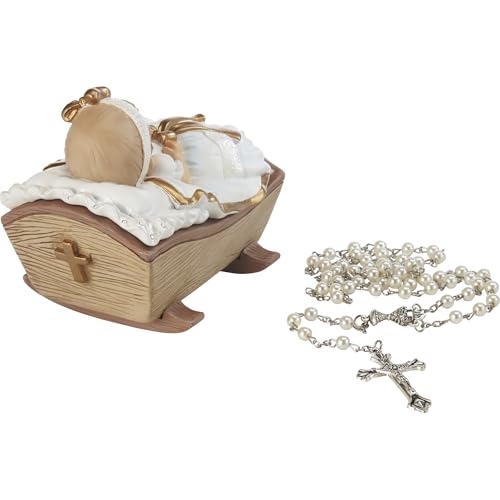 Precious Moments Hand-painted Resin Girl Baby In Cradle Baptism White Rosary In Box