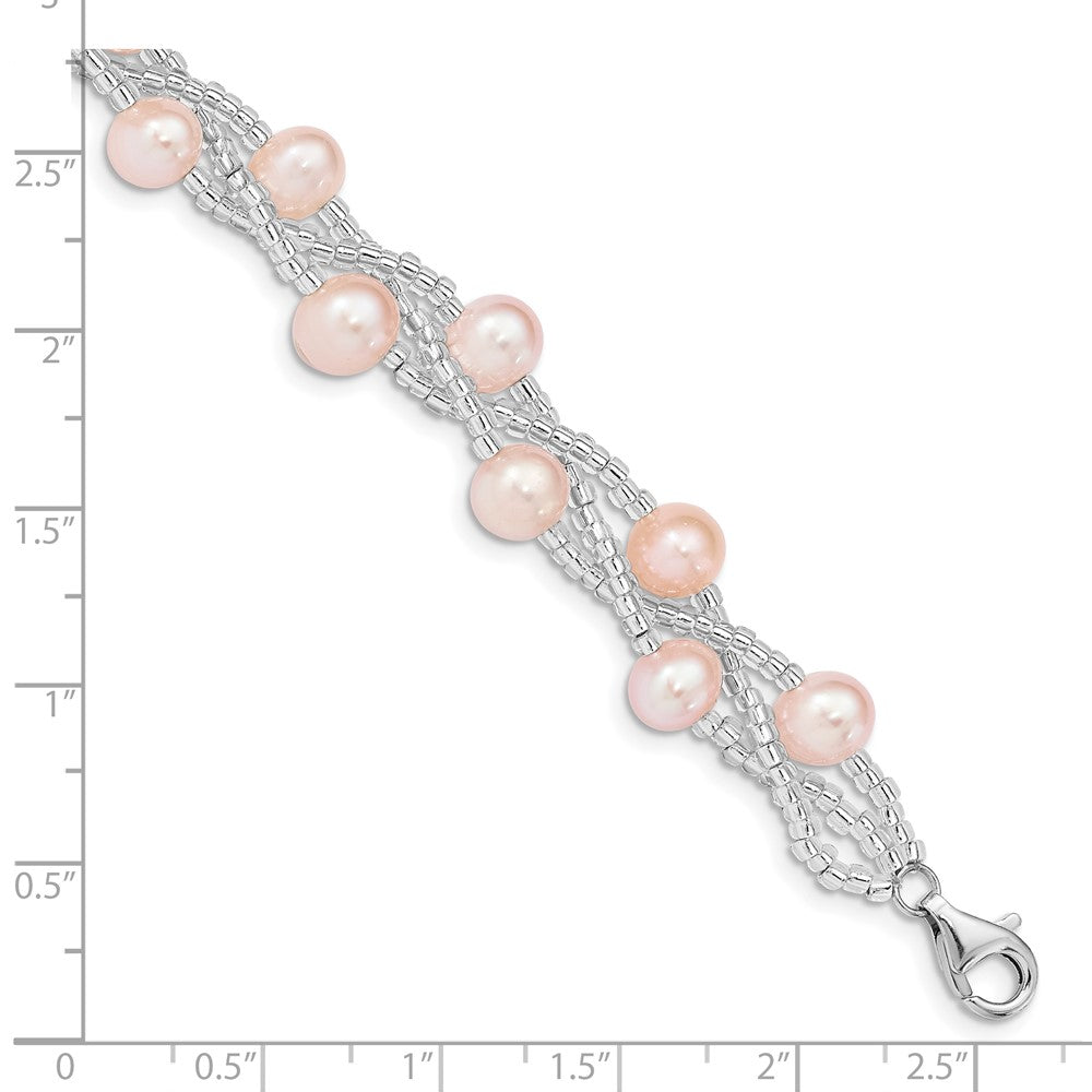 Sterling Silver Rhodium-plated 7-9mm Pink Semi-Round Freshwater Cultured Pearl and Glass Beaded 7.5 inch Bracelet 7.5 inches