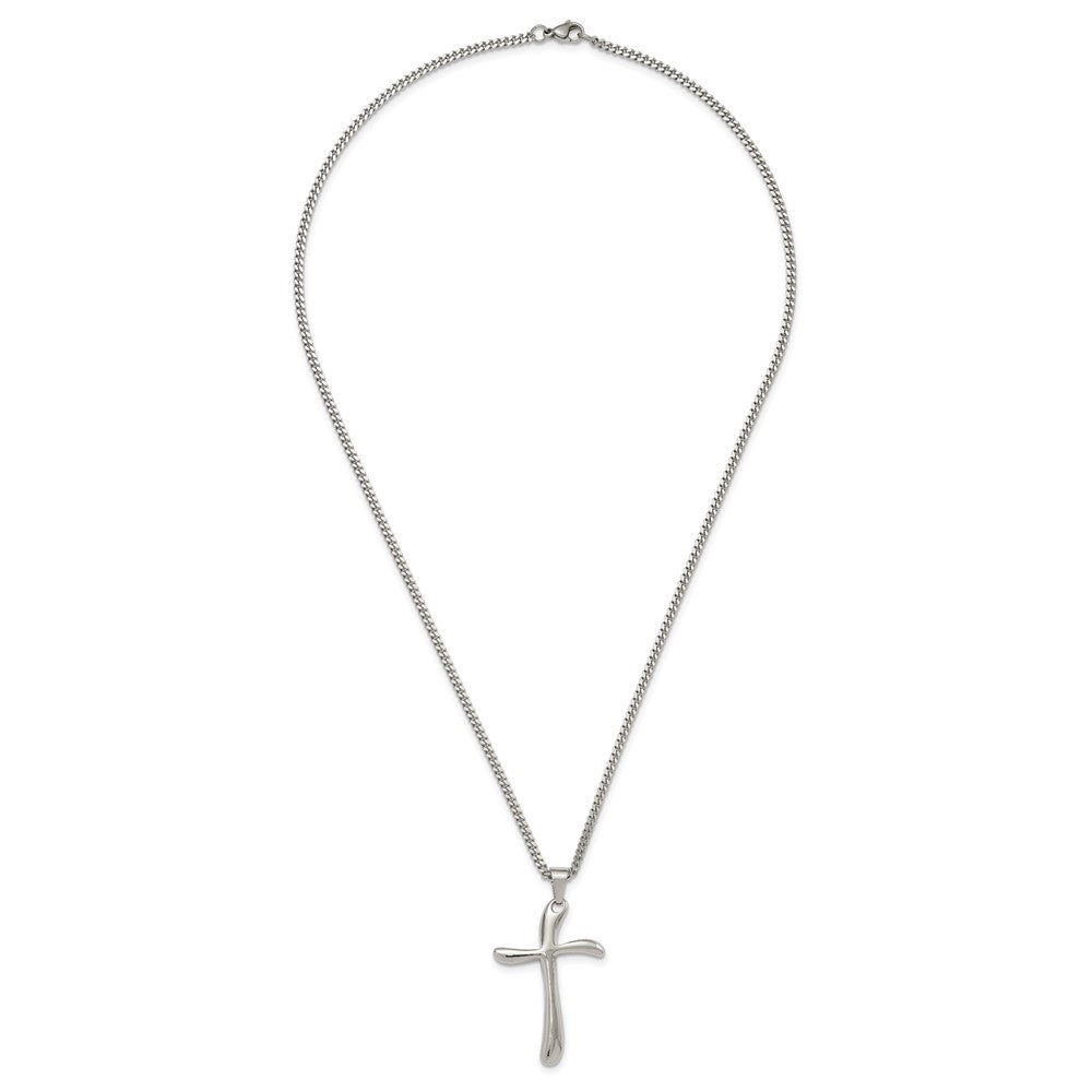 Stainless Steel Polished Wavy Cross 22in Necklace