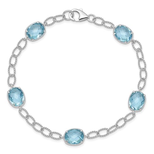 Sterling Silver Rhodium-plated Aqua Blue CZ Textured Link Bracelet 7.5 inches