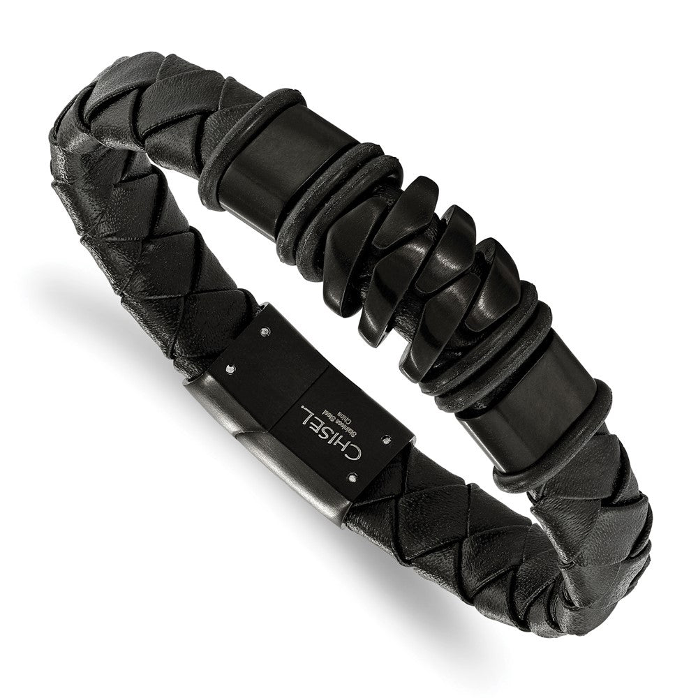 Stainless Steel Brushed Black IP-plated Black Leather 8.25in Bracelet 8.25 inches