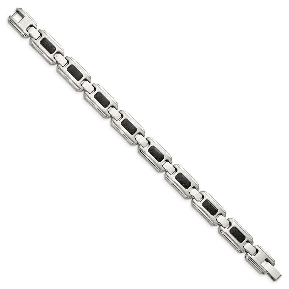 Stainless Steel Brushed and Polished Black Carbon Fiber Inlay 9in Bracelet 9 inches