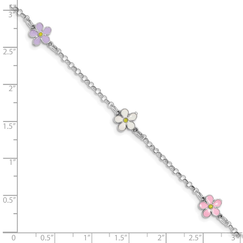 Sterling Silver RH-plated Enameled Flower w/ .75in Ext. Children's Bracelet 7 inches