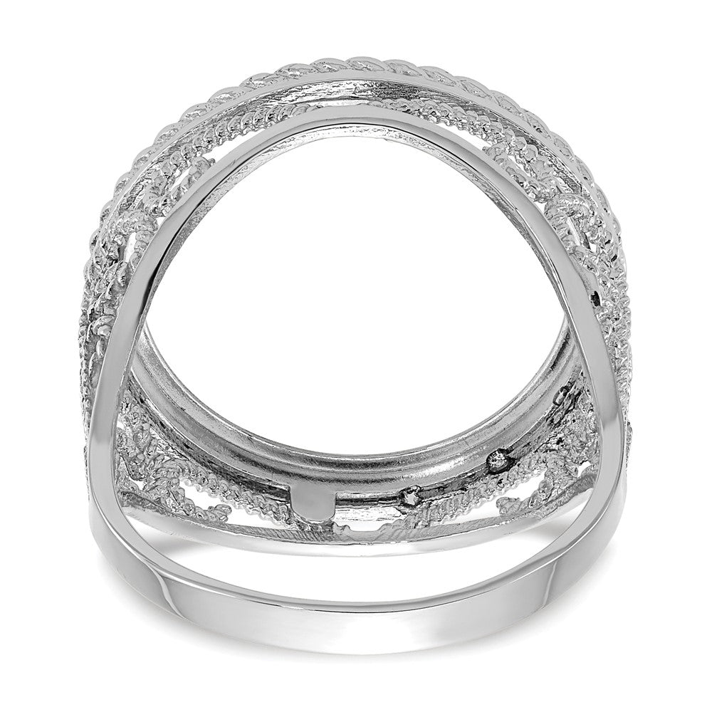 Wideband Distinguished Coin Jewelry 14k White Gold Ladies' Polished and Twisted Wire Scroll Design 16.5mm Coin Bezel Ring