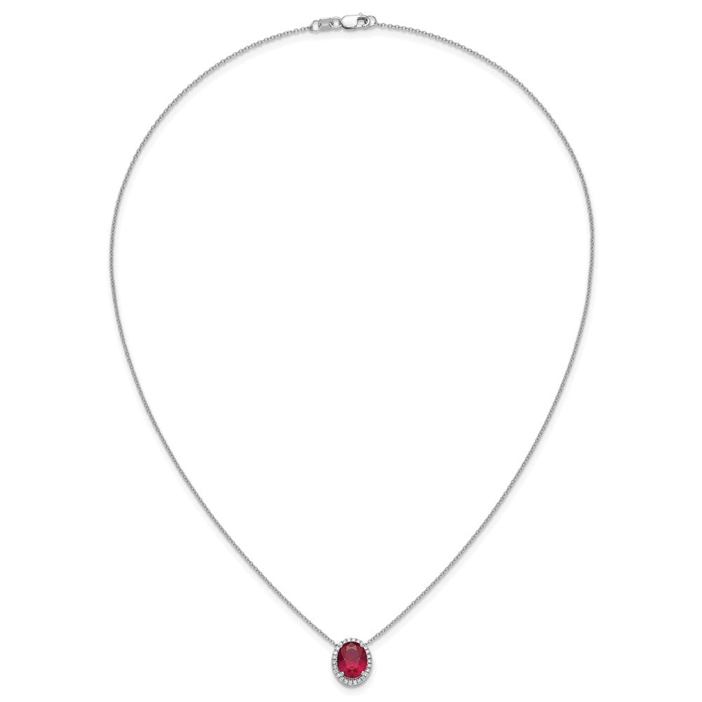 14k White Gold Oval Created Ruby/Diamond 18in. Halo Necklace