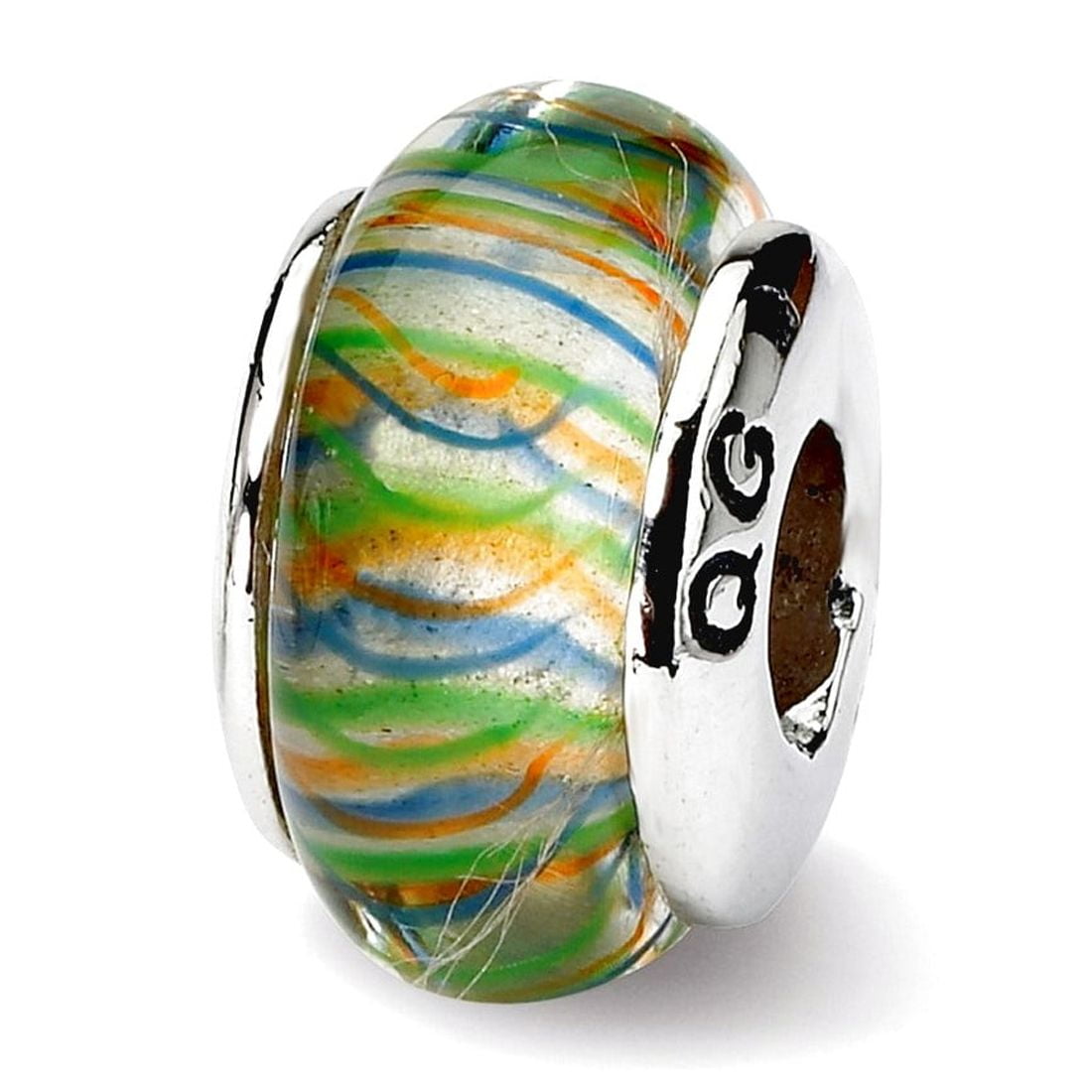 Sterling Silver Reflections Green Pastel Striped Hand-blown Glass Bead