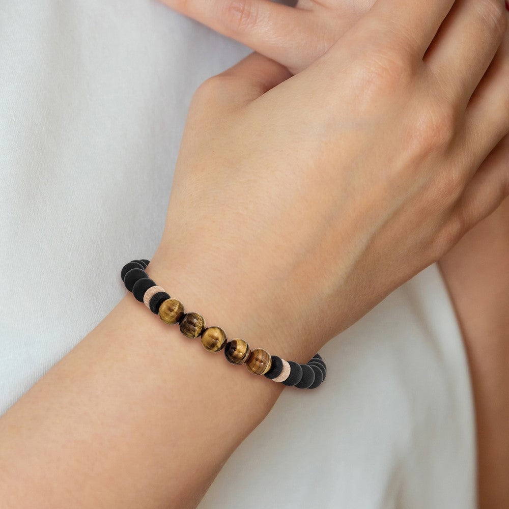 Stainless Steel Brushed Black IP Black Agate/Tiger's Eye Stretch Bracelet 7 inches