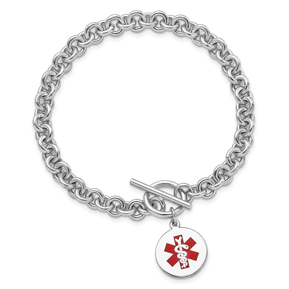 Sterling Silver Rhodium Engraveable Enamel Disc Medical ID Bracelet 7.75 inches