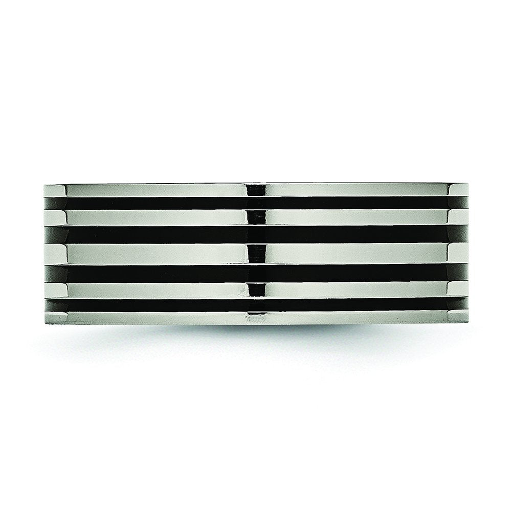 Titanium Polished Black Enamel Striped 8mm Flat Band Size - 8.5