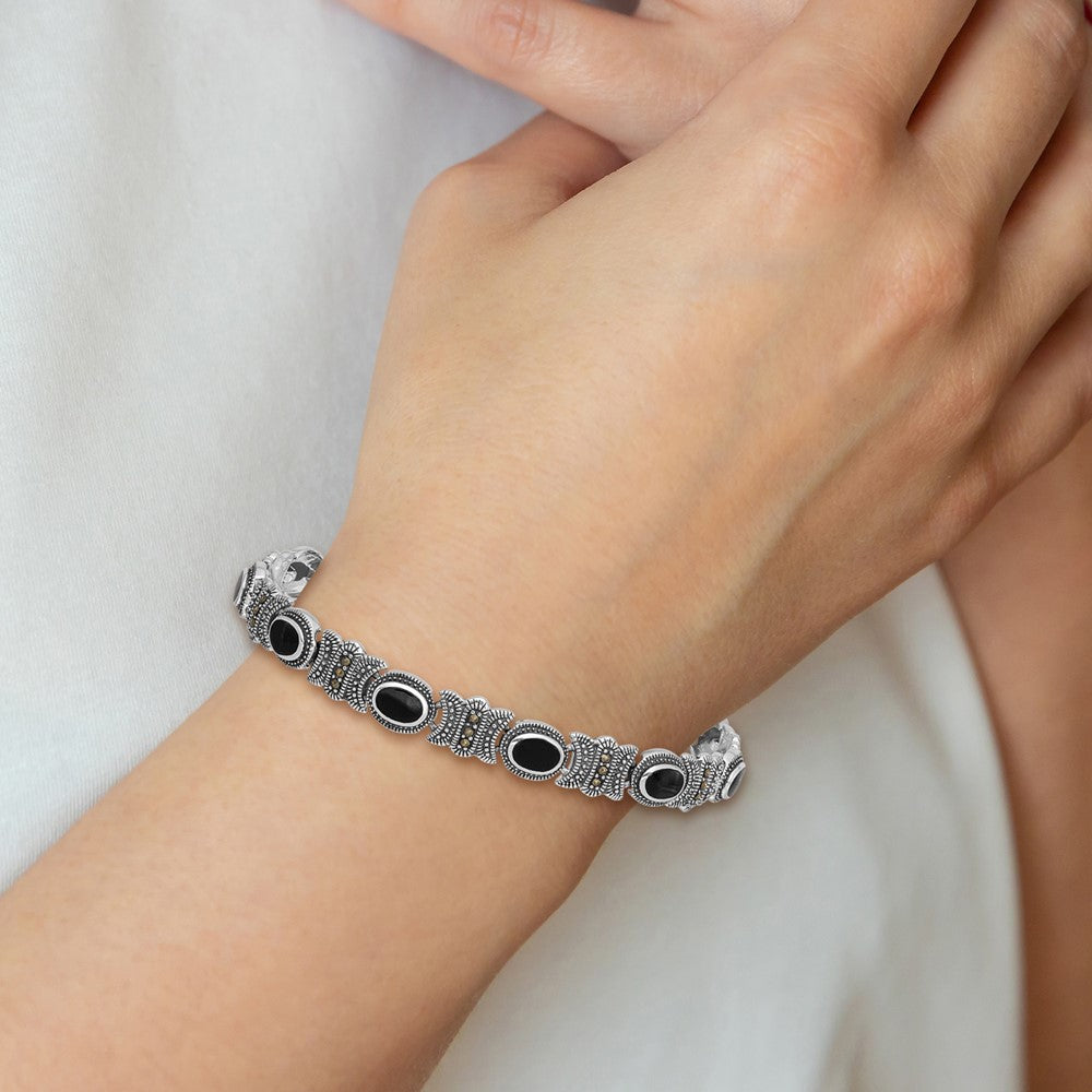 Sterling Silver Rhodium-plated Marcasite and Onyx 7.25 inch Bracelet 7.25 inches