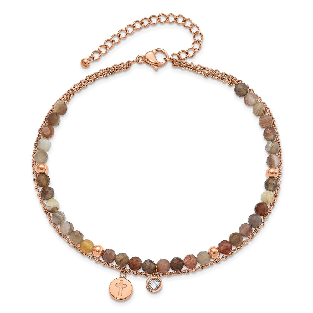Stainless Steel Rose IP Crystal/Imit Sardonyx Cross 9in Plus 2in ext Anklet