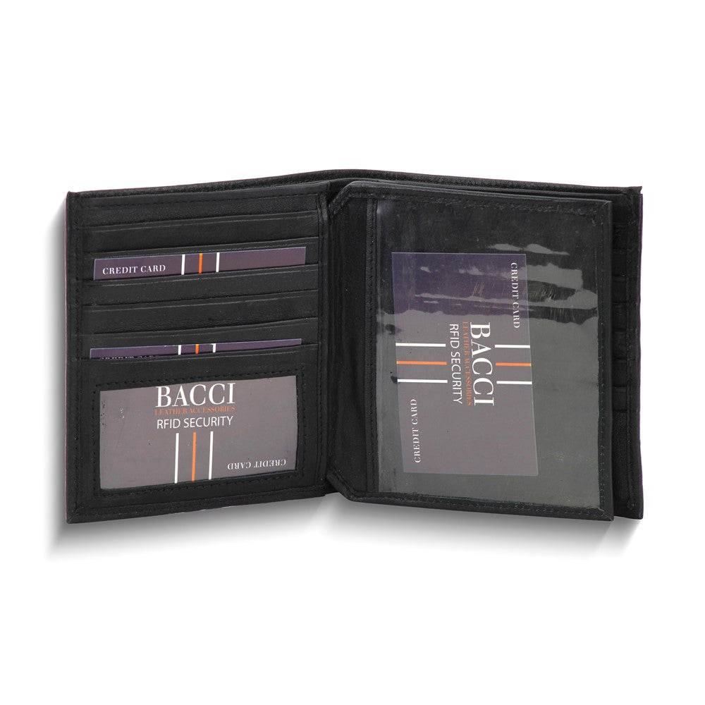 Black Cowhide Leather RFID Blocking 6-Slot Hipster Wallet with Center Flap and ID Window