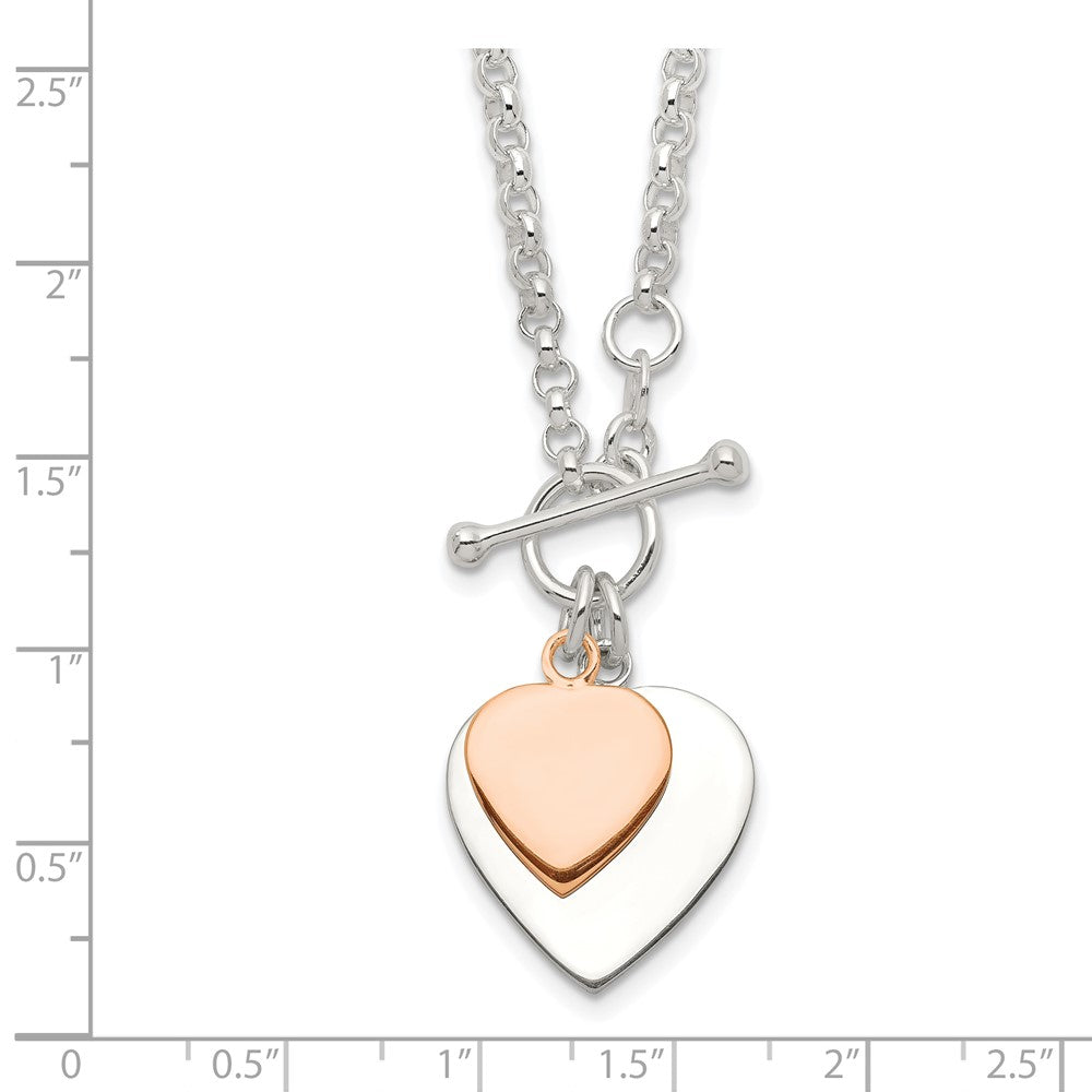 Sterling Silver w/Rose gold-plat Engraveable Double Heart Toggle Necklace 18 Inches