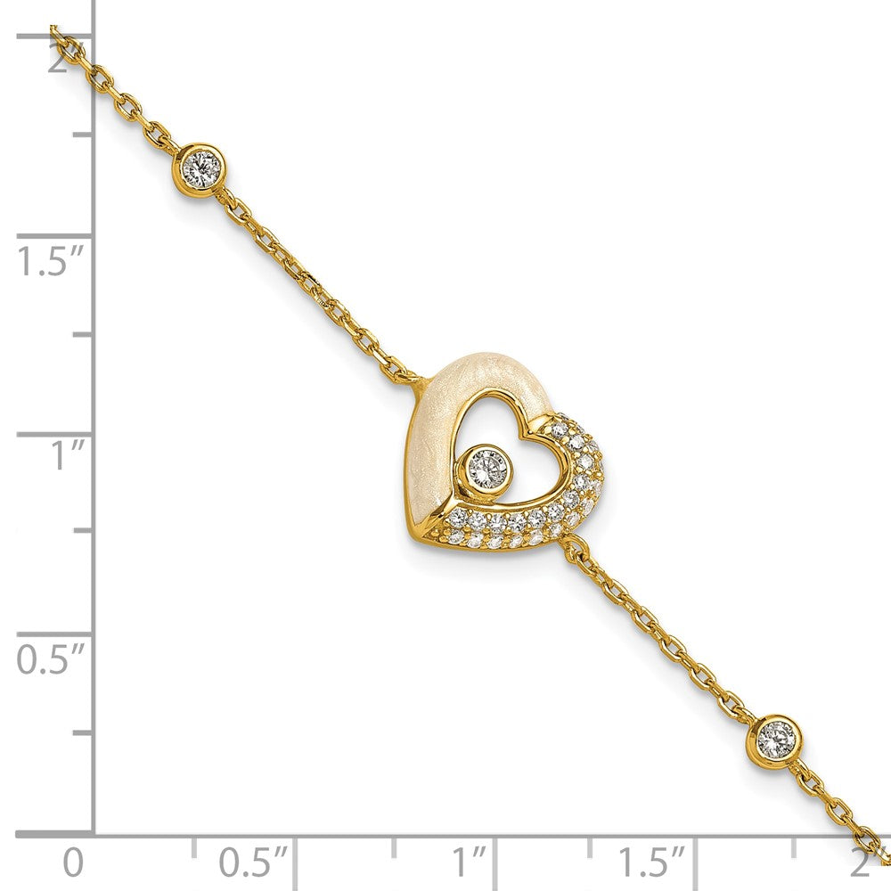 Sterling Silver Gold-tone Polished CZ and Champagne Enamel Open Heart 7 inch with 1 inch Extension Bracelet 7.25 inches