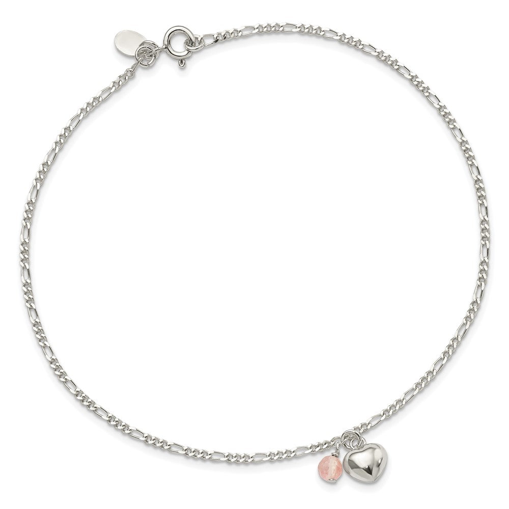 Sterling Silver Cherry Quartz Dangling Hearts on Figaro Link Anklet 10 inches