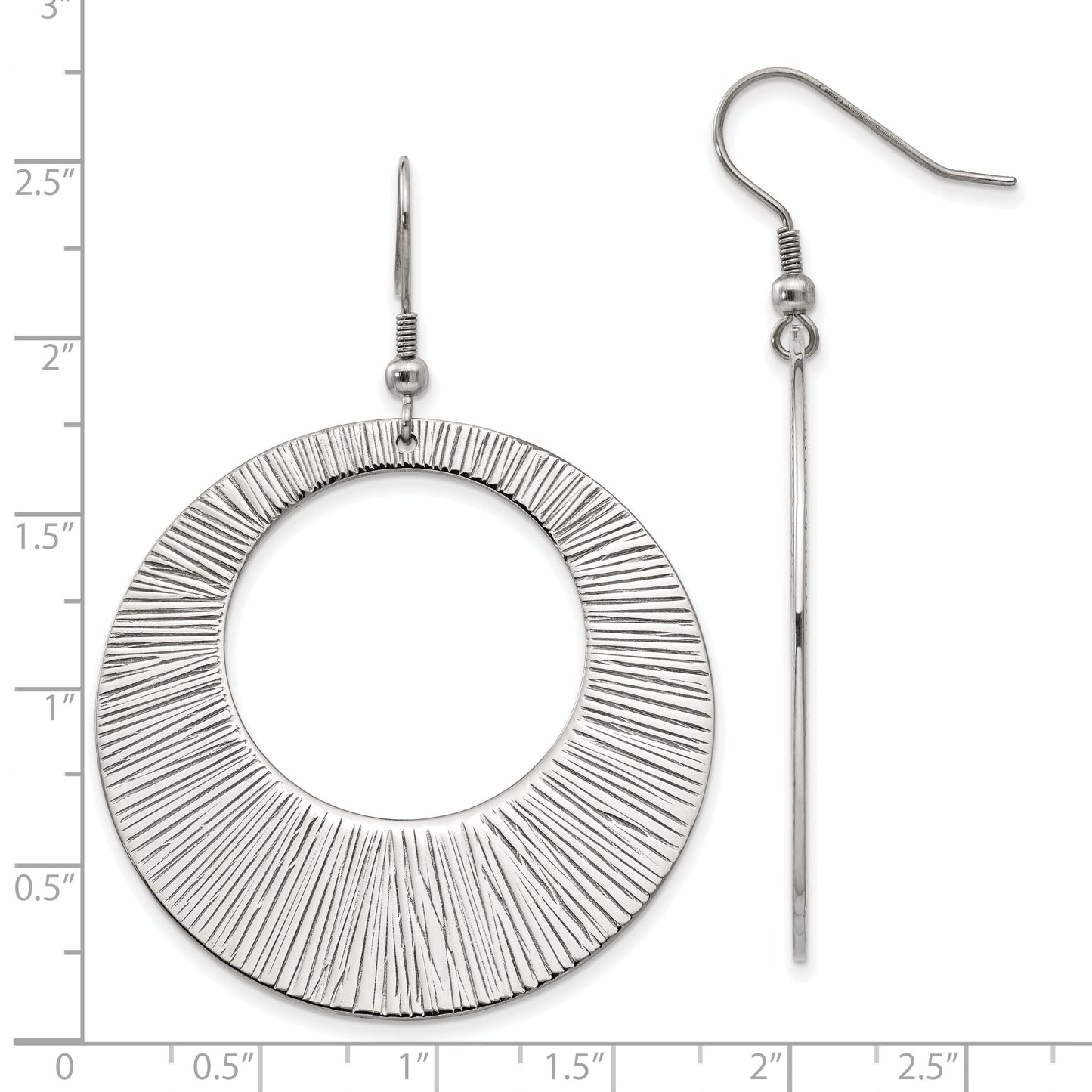 Stainless Steel Polished and Textured Circle Dangle Shepherd Hook Earrings