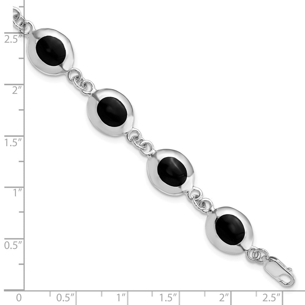 Sterling Silver Rhodium-plated Fancy Polished Onyx Bracelet 7 inches