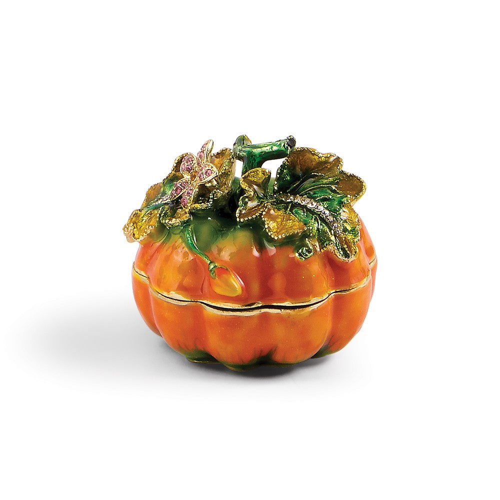 Luxury Giftware by Jere Bejeweled Crystal Gold-tone Enamelled AUTUMN Pumpkin Trinket Box with Matching 18 inch Necklace