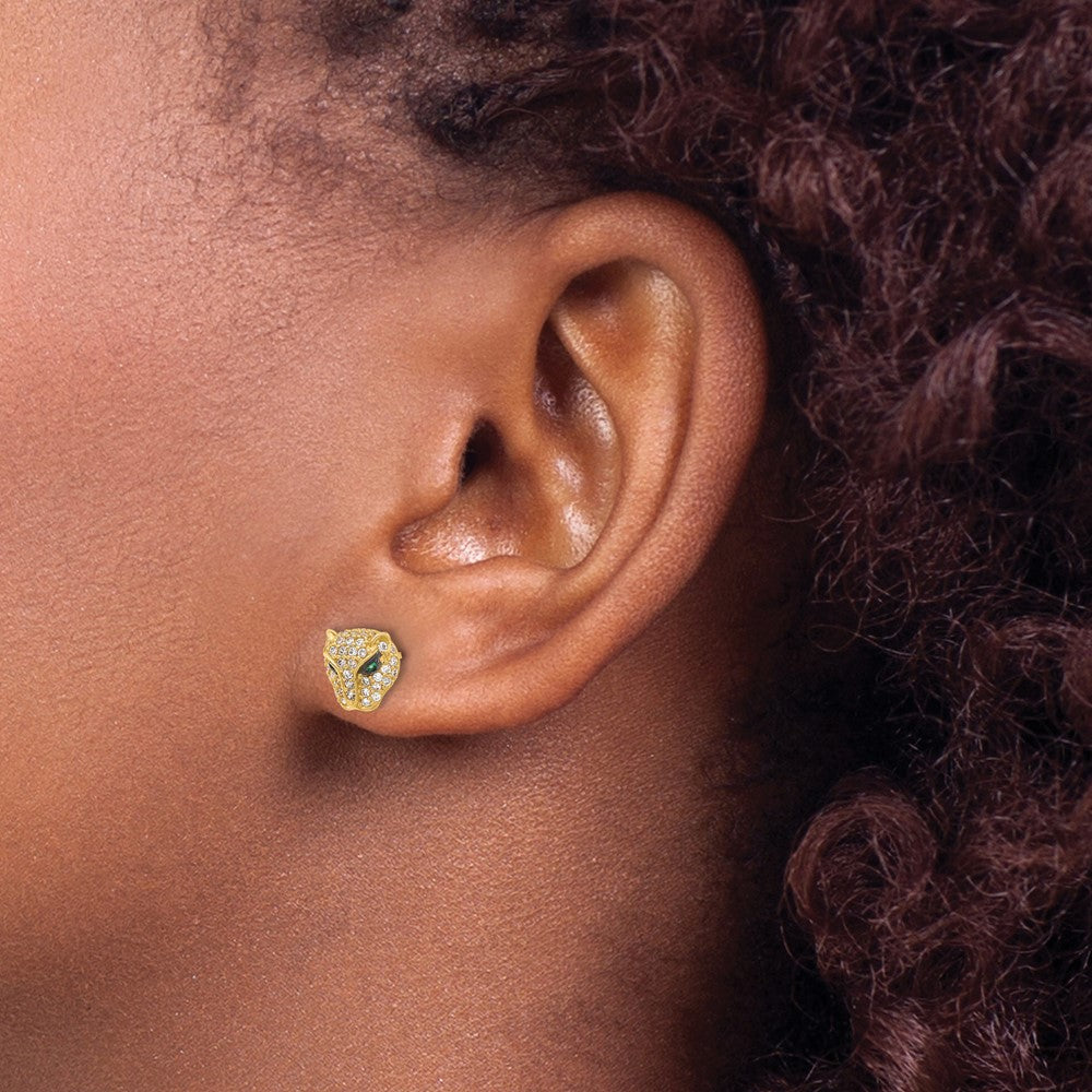10K Polished Clear & Green CZ Lioness Head Post Earrings
