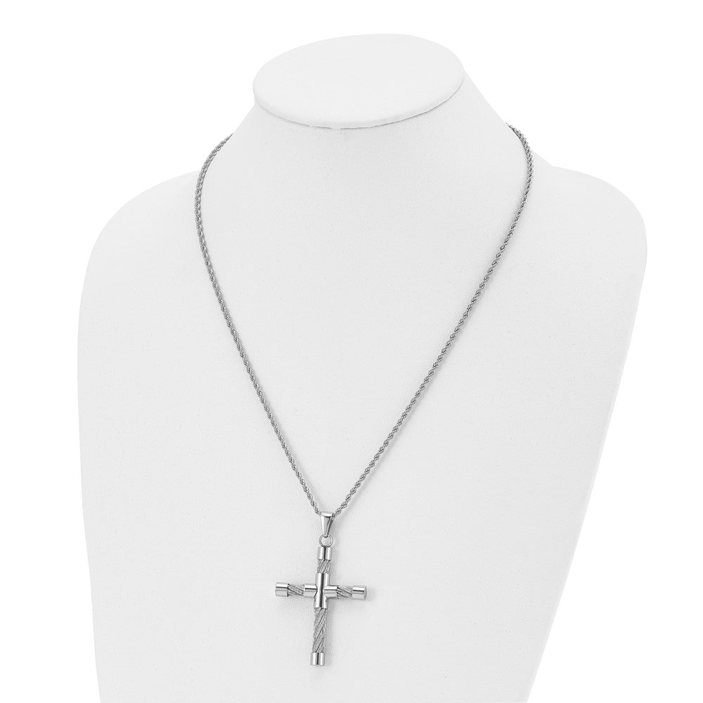 Stainless Steel Polished and Textured w/Cable Cross 22in Necklace