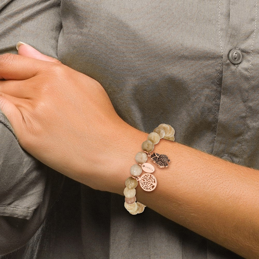 Stainless Steel Antiqued & Polished Rose IP Owl Taupe Dyed Jade Bracelet 6.5 inches