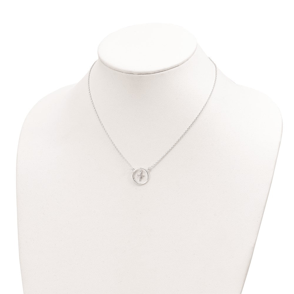 Sterling Silver CZ Cross in Circle Necklace 16 Inches