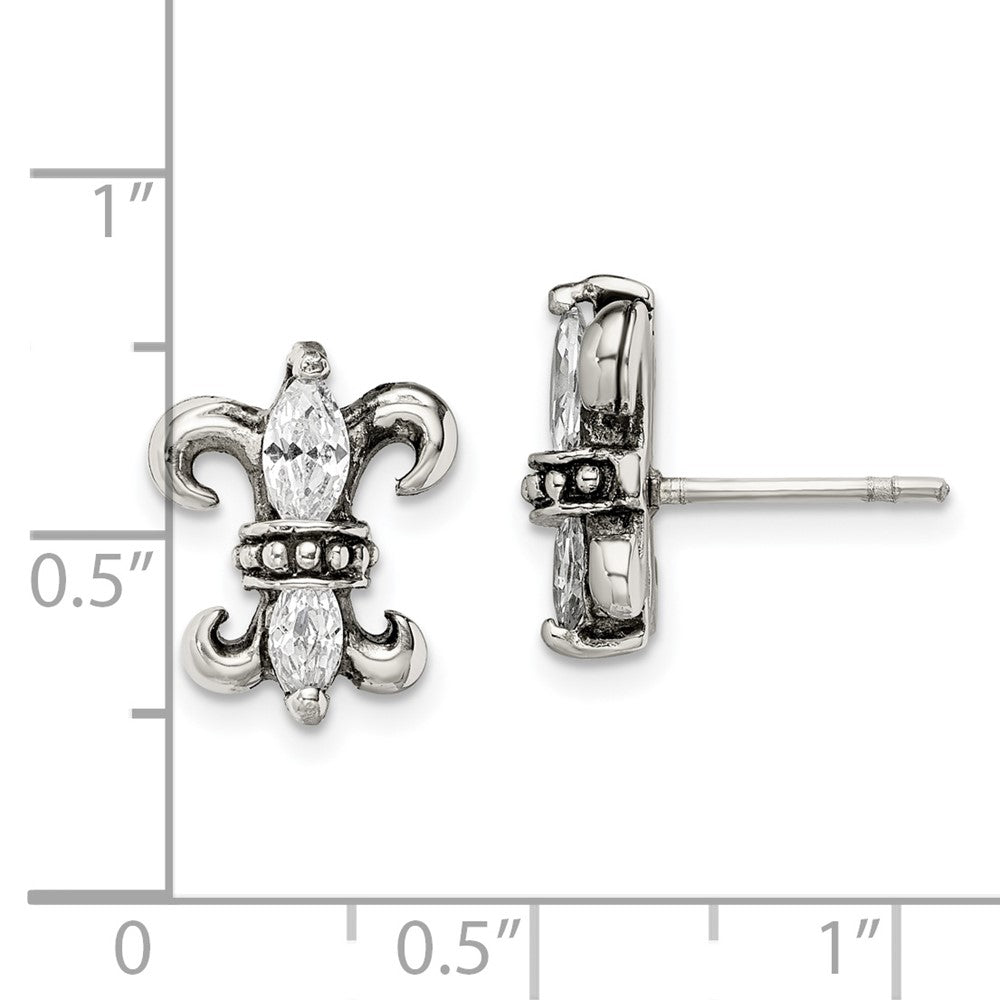 Stainless Steel Antiqued Polished & Textured w/CZ Fleur de lis Post Earring