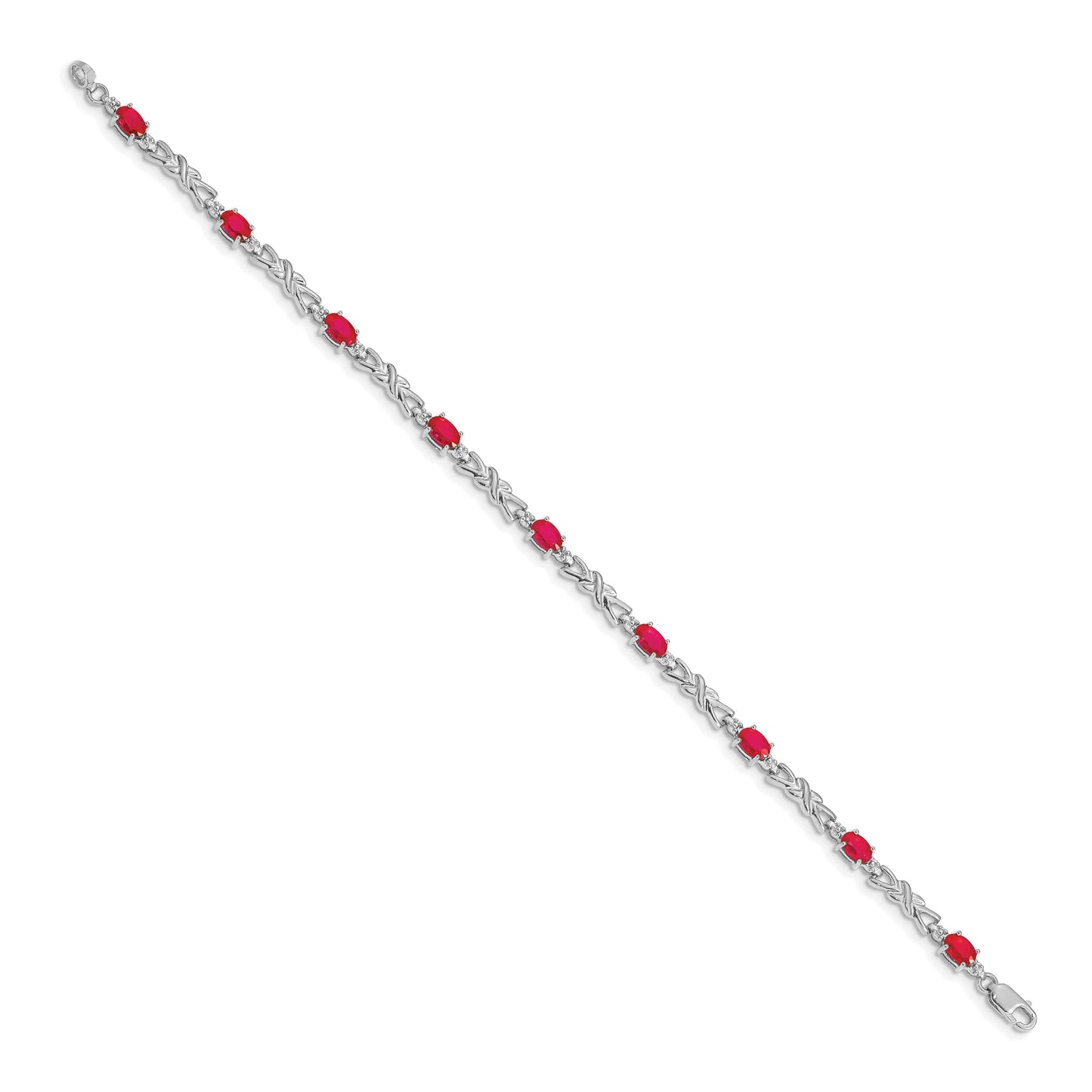 14k White Gold Complete Diamond and Oval Ruby X-design 7.25 inch Bracelet
