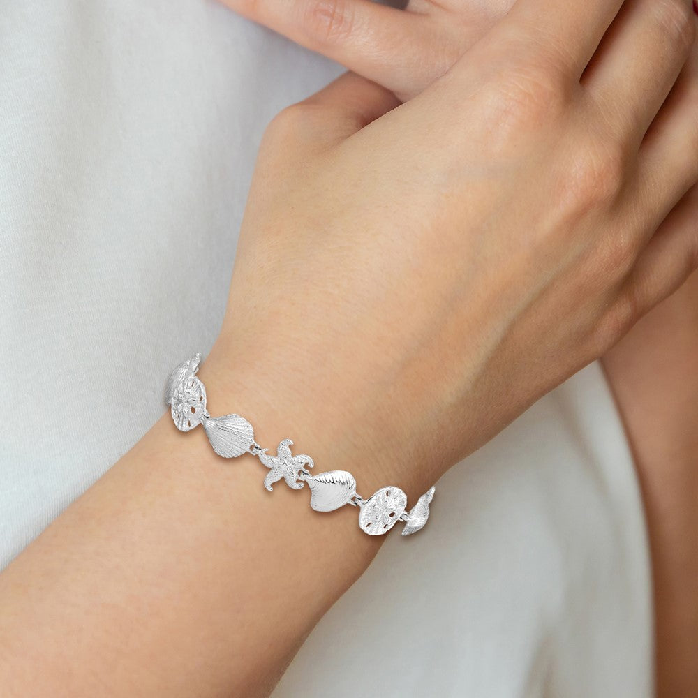 De-Ani Sterling Silver Rhodium-Plated Polished Starfish / Shells / Sand Dollar Bracelet 7 inches