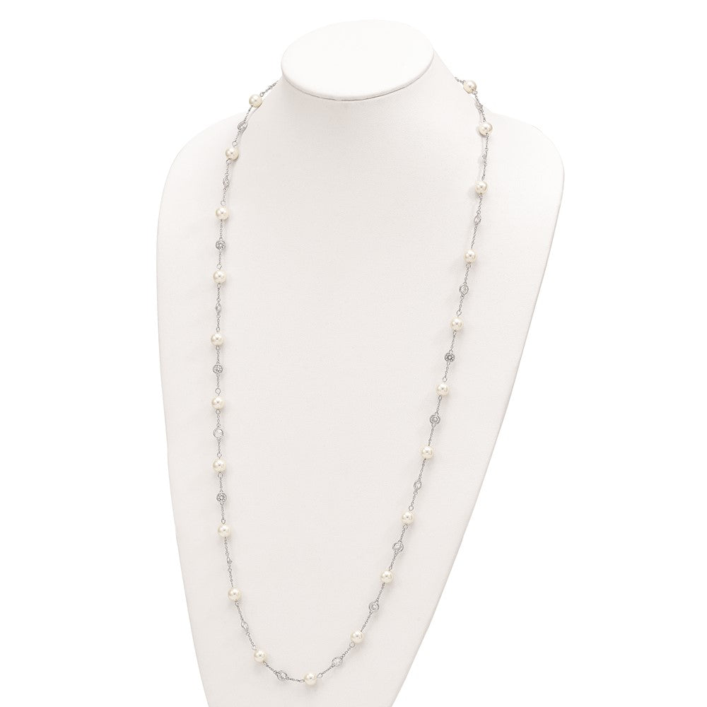 Cheryl M Sterling Silver Rhodium-plated Glass Pearl and Brilliant-cut CZ Bezel Station 36 Inch Necklace 36 Inches