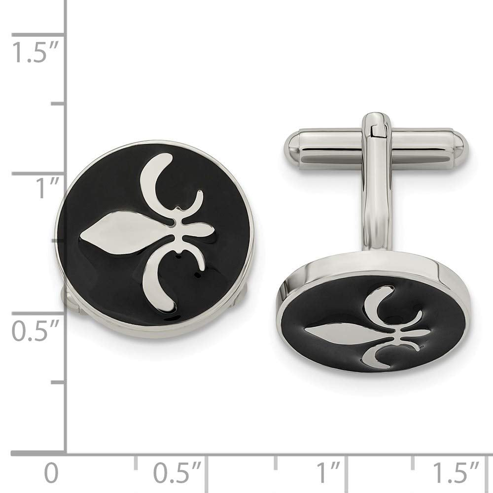 Stainless Steel Polished Black Enamel With Fleur De Lis Cuff Links Measures 18x18mm Wide - Cuff Link for Men