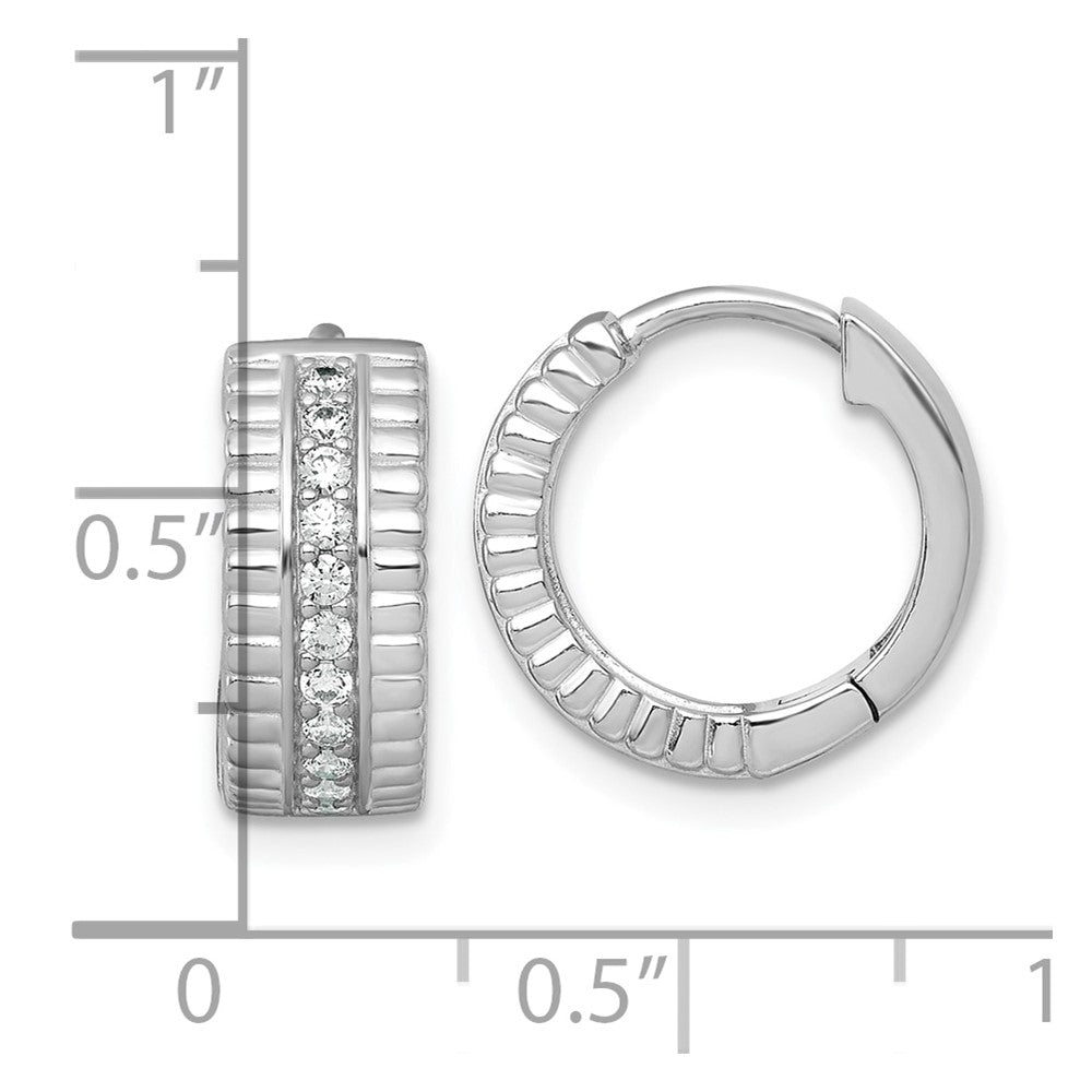 Sterling Silver Rhodium-plated Polished and Grooved CZ 6.2mm Hinged Hoop Earrings