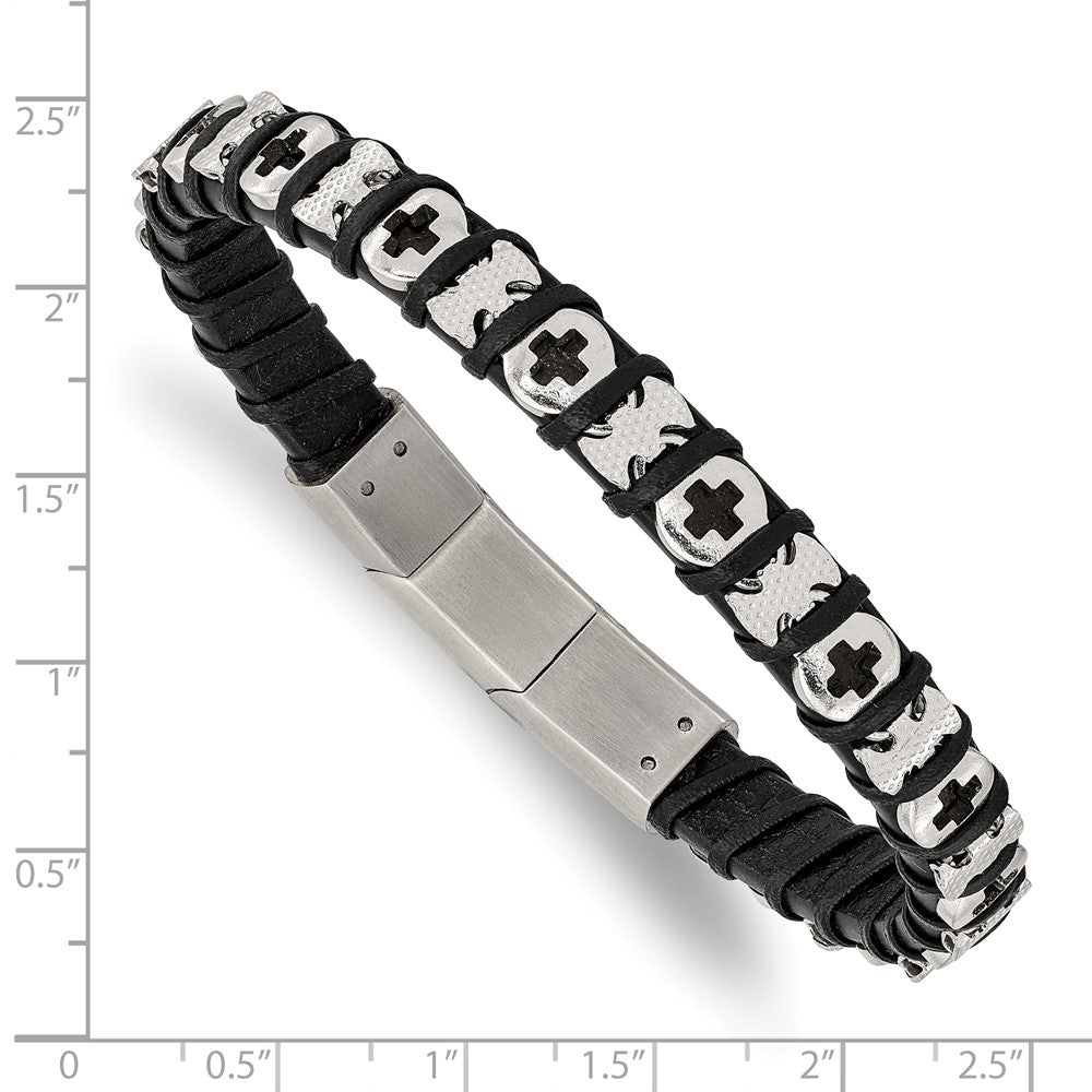 Stainless Steel Polished Cross Black Leather 8in w/.5in ext Bracelet 8 inches