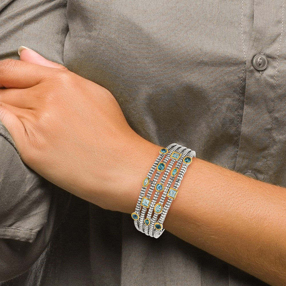 Shey Couture Sterling Silver Gold-tone Flash Gold-plated Antiqued Bezel Sky Blue Swiss and London Blue Topaz Cuff Bracelet 6.75 inches