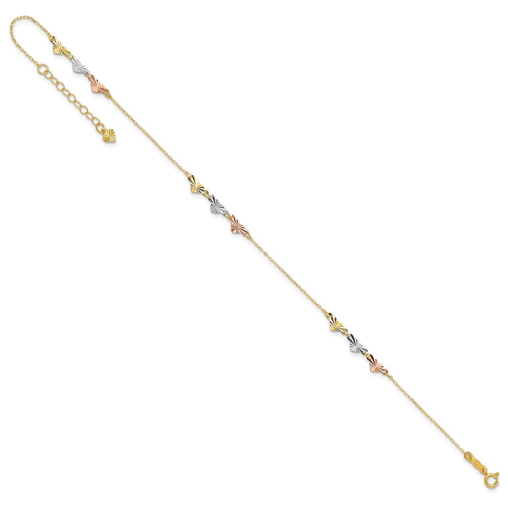 14K Tri-Color Diamond-cut Hearts 9in Plus 1in ext Anklet 9 inches