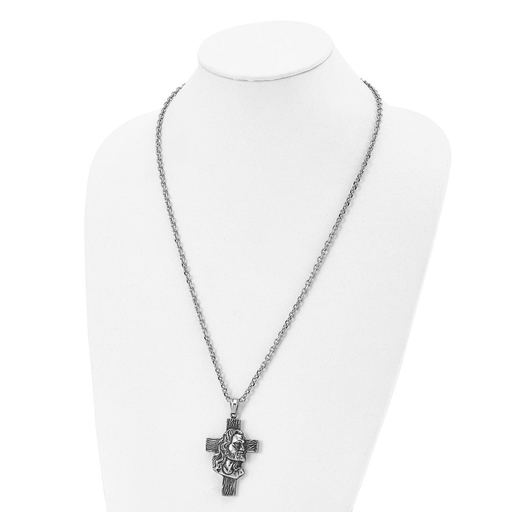 Stainless Steel Antiqued and Polished Jesus Cross Necklace
