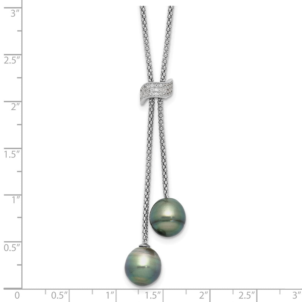 Sterling Silver Rhodium-plated 7-8mm Black Teardrop Tahitian Saltwater Cultured Pearl and CZ Dangle 18 inch with 2 inch Extension Necklace 18 Inches