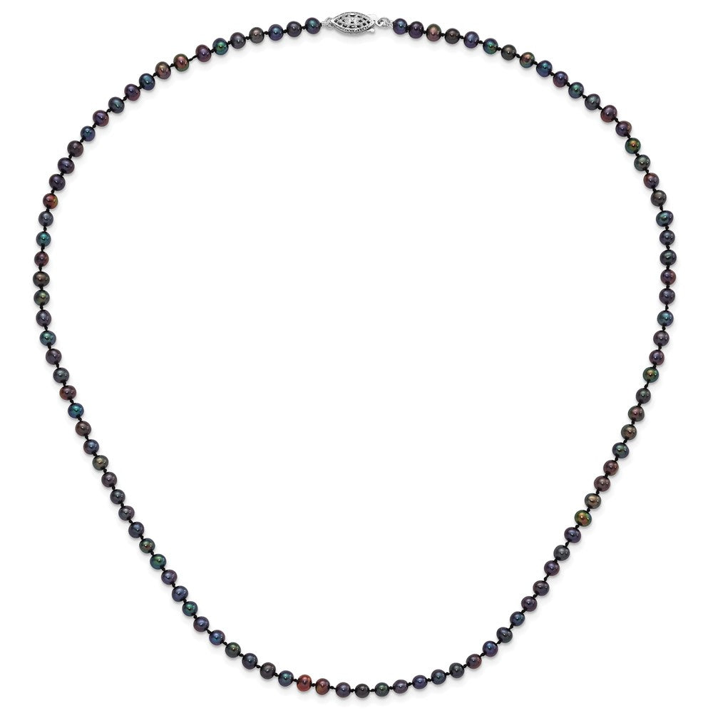 Sterling Silver Rhodium-plated 4-5mm Black Near-Round Freshwater Cultured Pearl 20 inch Necklace