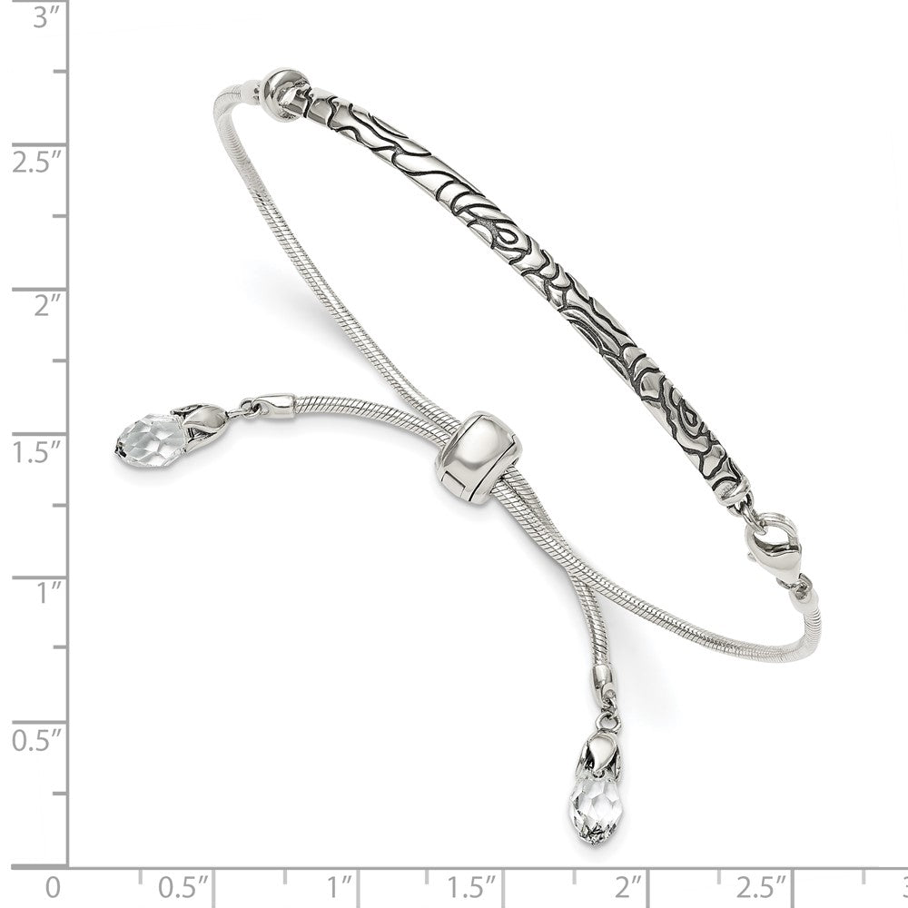 Sterling Silver Antiqued Reflections Clear Crystal Adjustable Bracelet 9 inches