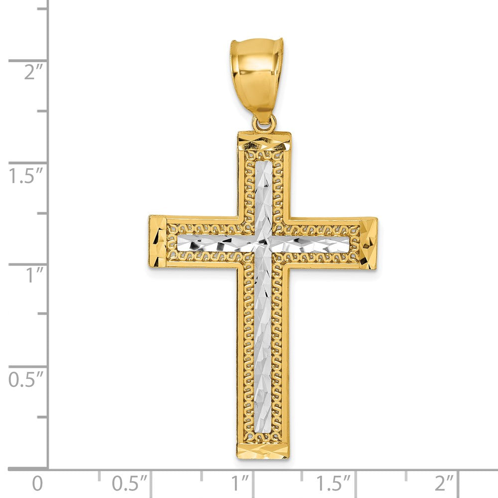 14k Polished with Rhodium Diamond-cut Textured Fancy Latin Cross Pendant