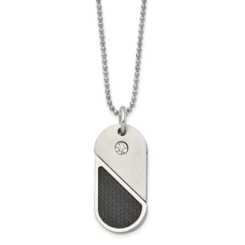 Stainless Steel Brushed/Polished CZ & CarbonFiber DogTag/Heart Necklace