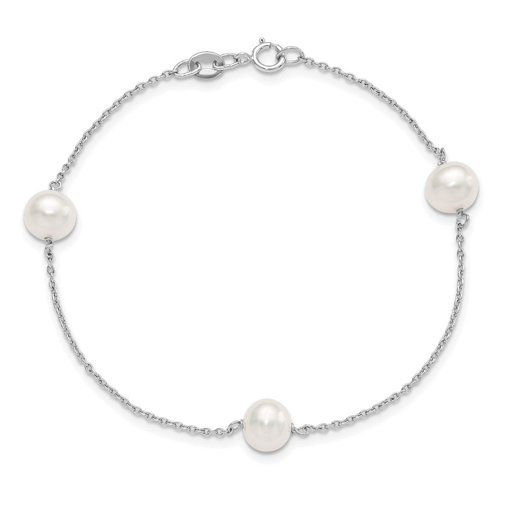 Sterling Silver Rhodium-plated 7-8mm White Semi-Round Freshwater Cultured Pearl 3-Station 7.5 inch Bracelet 7.5 inches