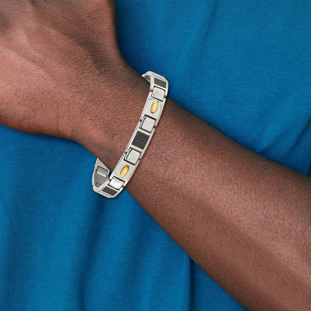 Stainless Steel Polished Yellow IP Black Carbon Fiber Inlay 9.25in Bracelet 9.5 inches