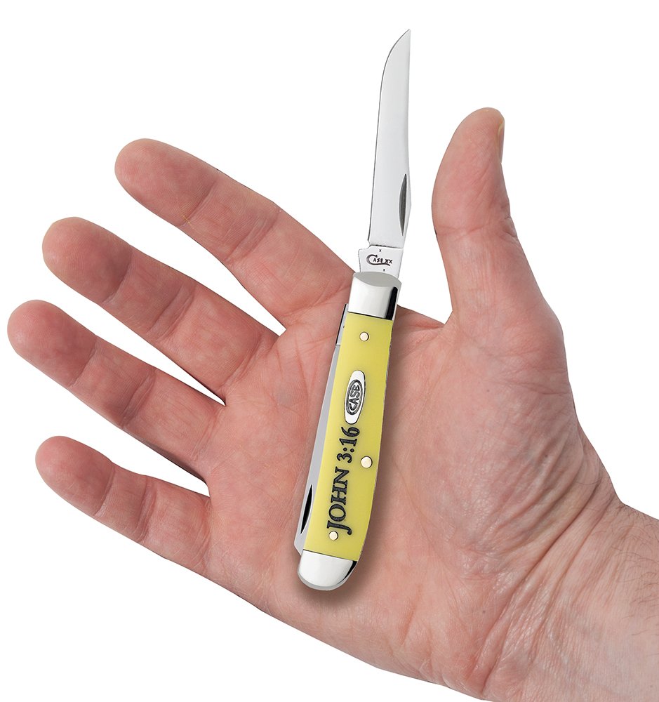 Case XX Mini Trapper Clip, Spey Blade Religious Yellow Synthetic John 3:16