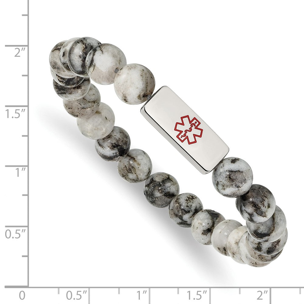 Stainless Steel Polished Enamel Medical ID Lotus Jasper Stretch Bracelet