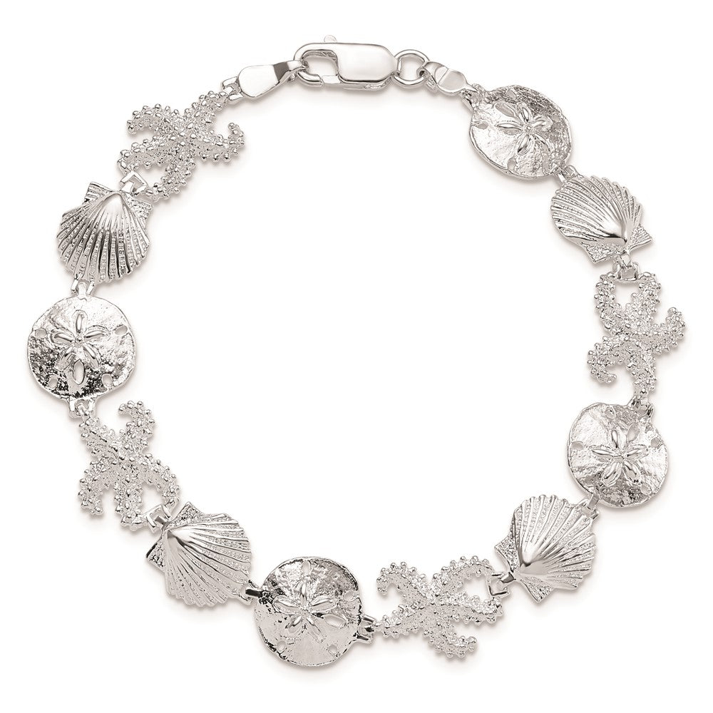 De-Ani Sterling Silver Rhodium-Plated Polished Starfish / Shell / Sand Dollar Bracelet 7.25 inches